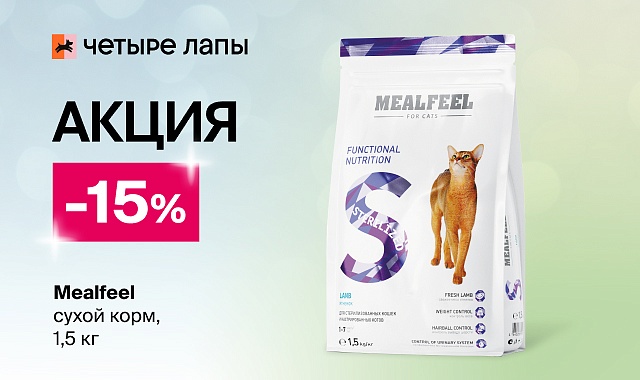 Сухой корм для кошек Mealfeel со скидкой 15% в Четыре Лапы
